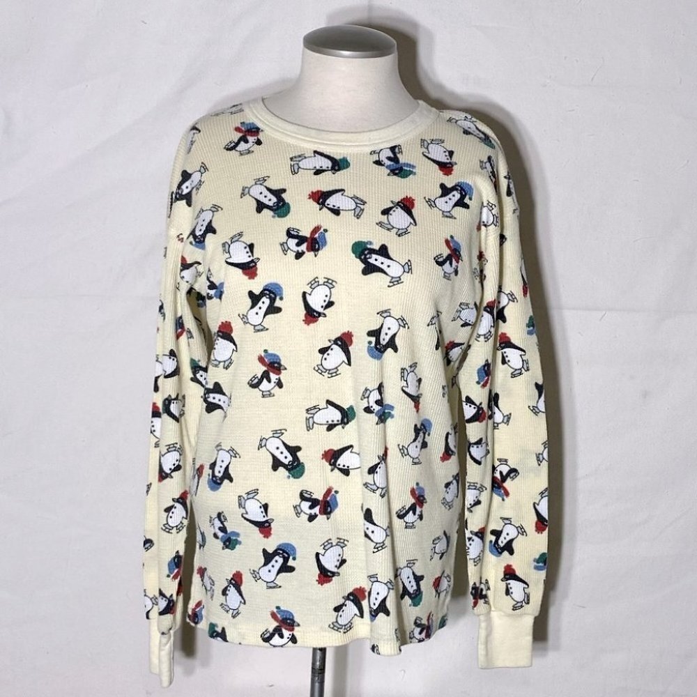5/$25 Vintage Intimate Details Pale Yellow Waffle T Shirt with Penguins M
